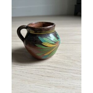 Vintage Mexican Folk Art Terracotta Pottery Hand Made Painted Small Jug Juarez